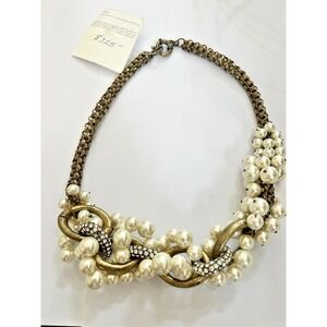 NOS Lee Angel Faux Pearl Rhinestone Link Necklace Antiqued Gold Y2K Luxe Baroque